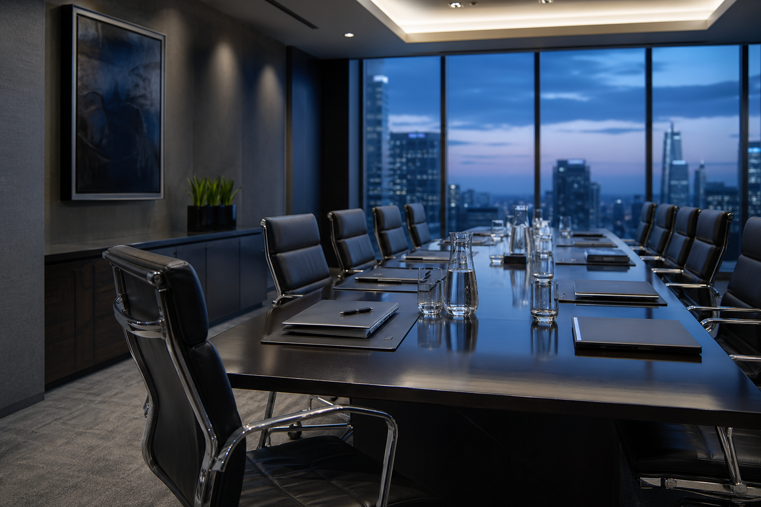 Empty modern corporate boardroom at twilight with city skyline through glass walls