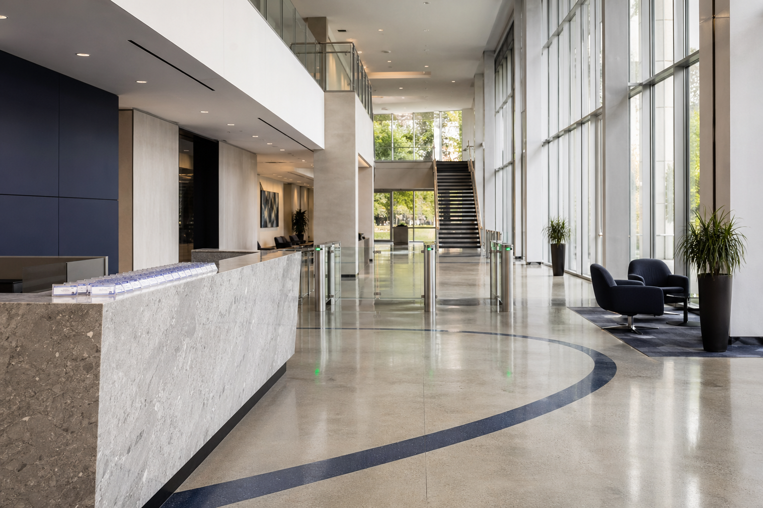 Bright modern corporate office lobby with a stone reception counter, empty visitor badges, and a glass turnstile gate, polished floor with a subtle navy inlay