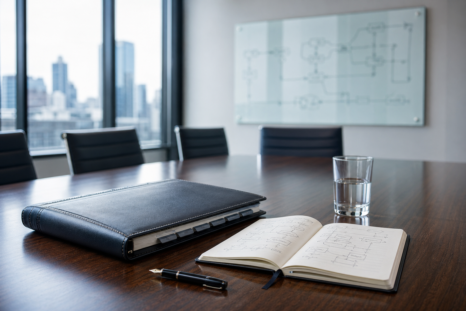 Polished walnut conference table with a closed leather binder, an open notebook with diagrams, and a fountain pen, with a faint process flow diagram on a glass whiteboard in the background