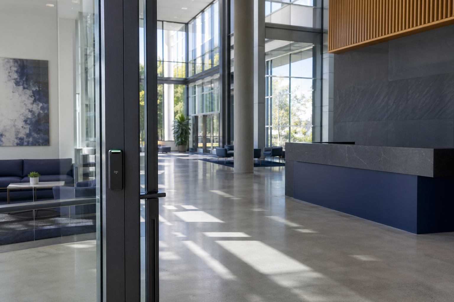 Modern corporate building lobby with glass doors, discreet access control, and navy reception desk in natural daylight