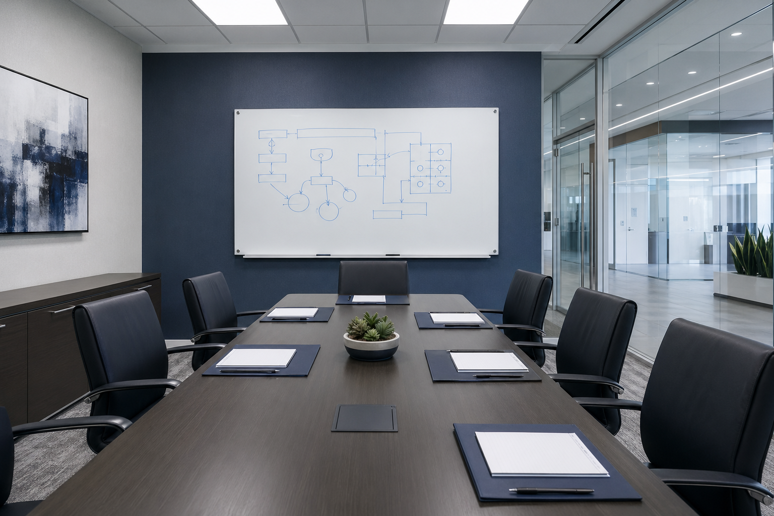 Corporate conference room with whiteboard framework diagrams, folders at each seat, and glass walls overlooking an office corridor